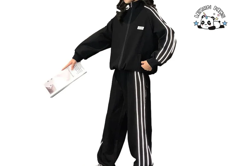 LEZONKIDS - Reflective Strip Kids Two-piece Set Zipper-up Jacket Casual Trousers Girls Sports Suit